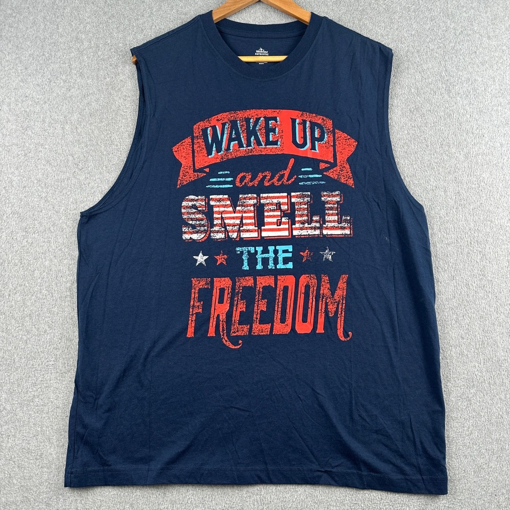 Way To Celebrate Muscle Tee Mens Large Blue Wake Up Smell Freedom Patriotic NWT